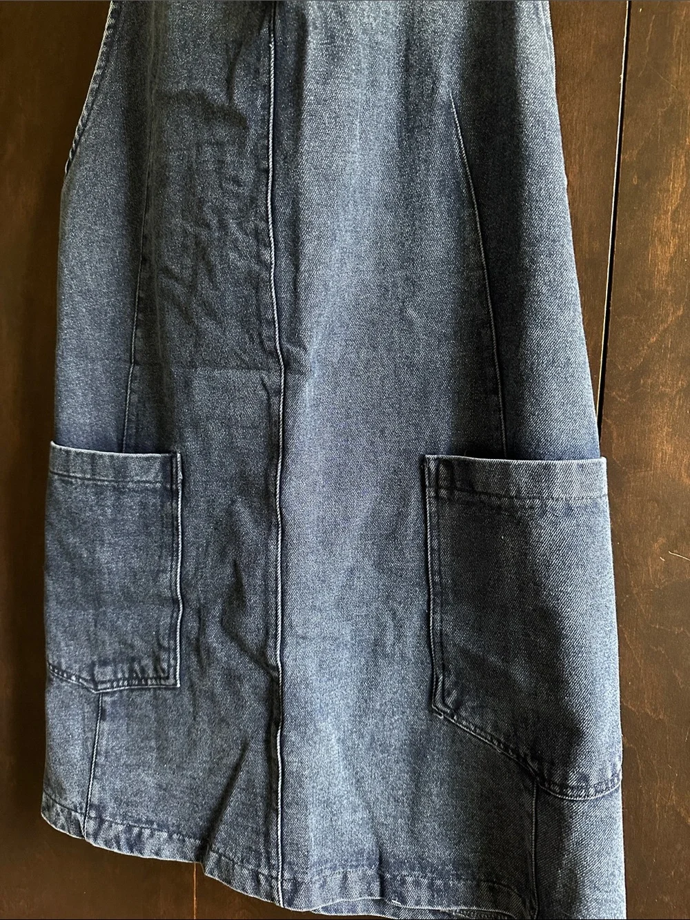 Classic Dark Denim Pinafore Dress with Front Patch Pockets - Picture 3 of 7